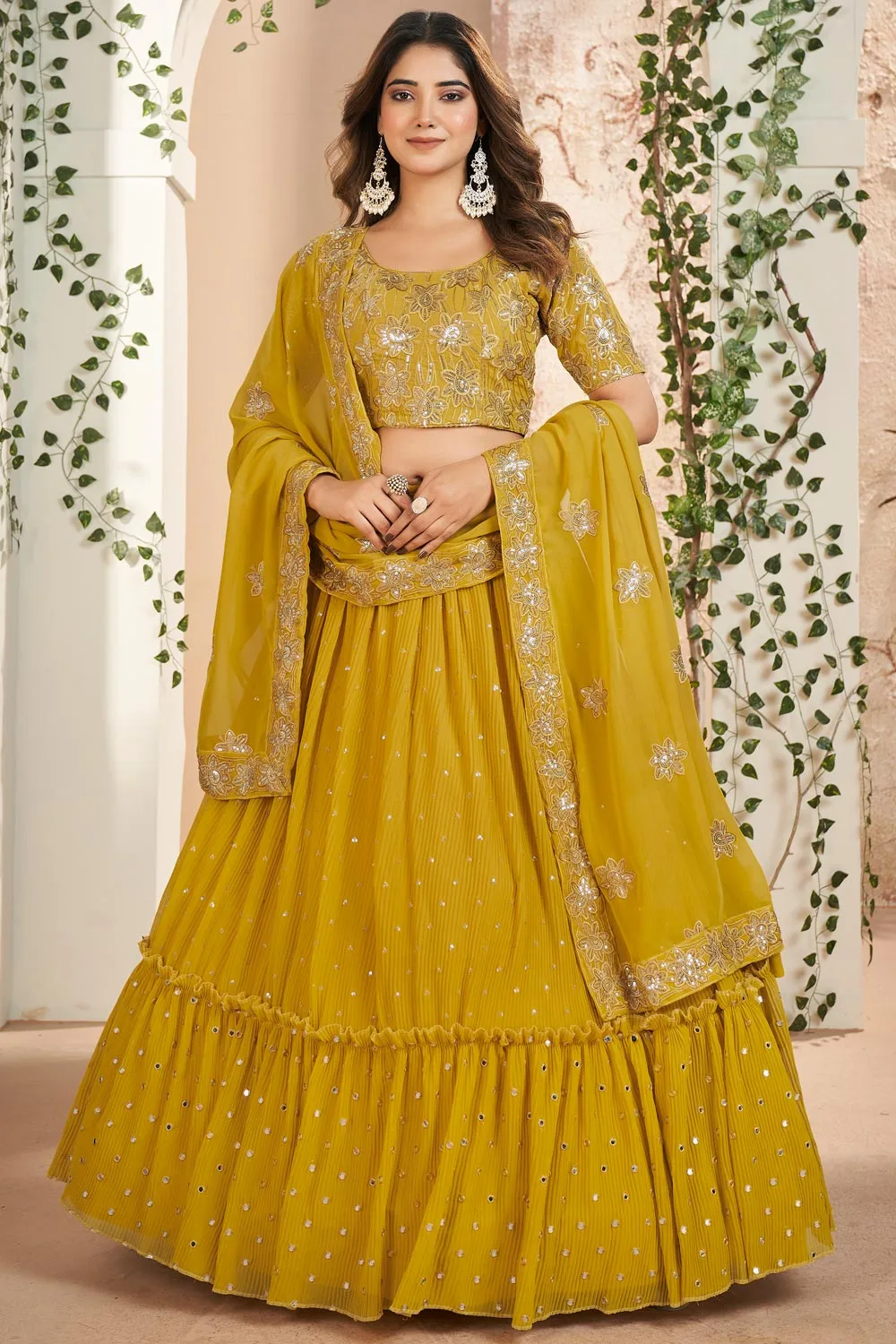 Radiant Yellow Faux Georgette Lehenga Set Enhanced with Thread & Sequins Embroidery Work