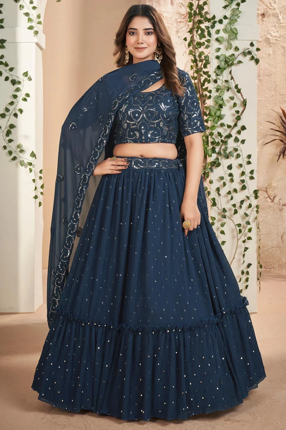 Dazzling Blue Faux Georgette Lehenga Set Embellished with Thread & Sequins Embroidery Work