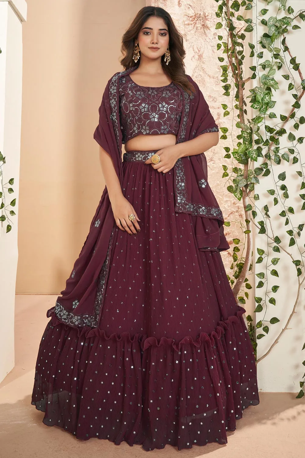 Beautiful Wine Faux Georgette Lehenga Set Embellished with Thread & Sequins Embroidery Work