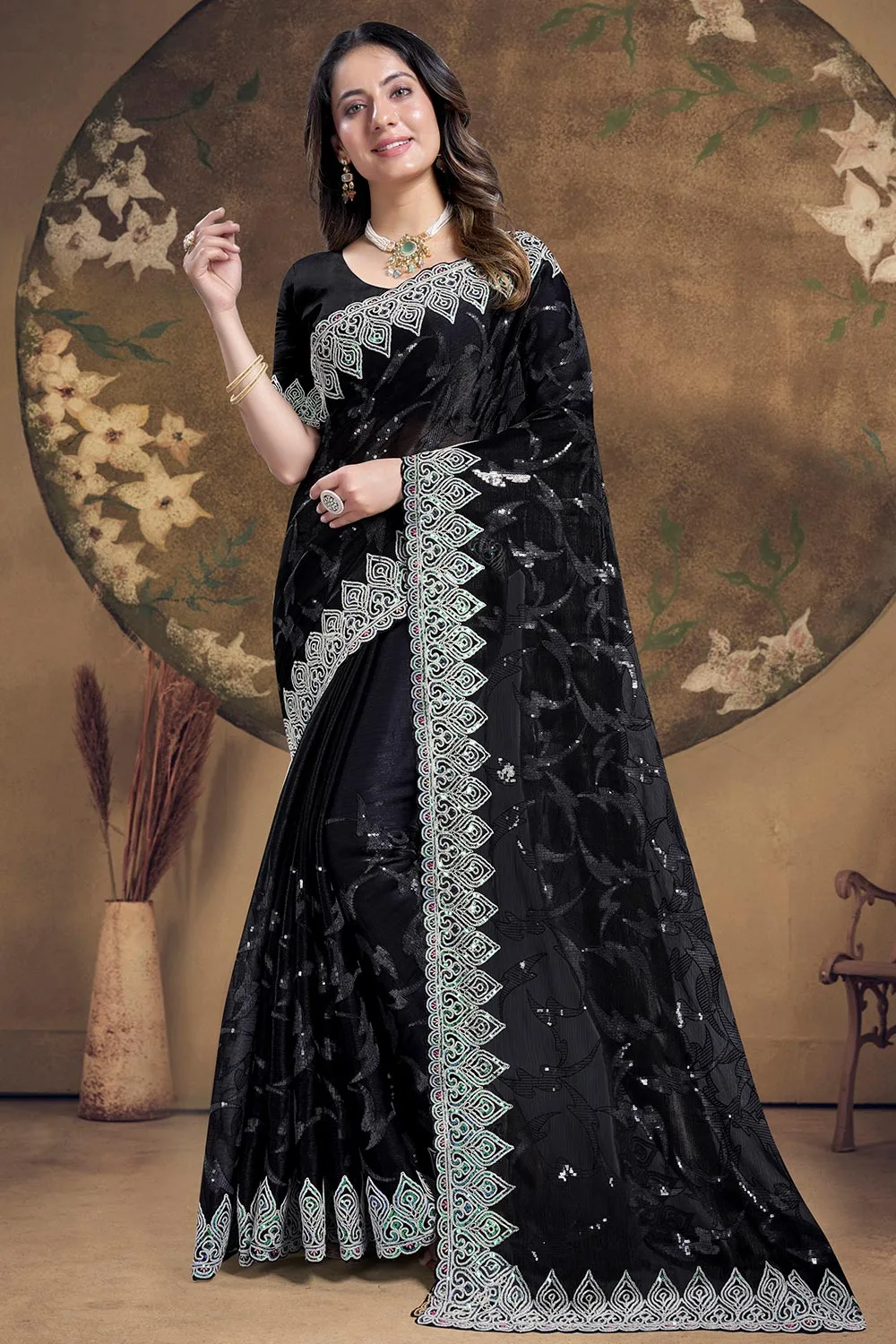 Black Silk Saree: Heavy Sequence Embroidered Work with Matching Blouse