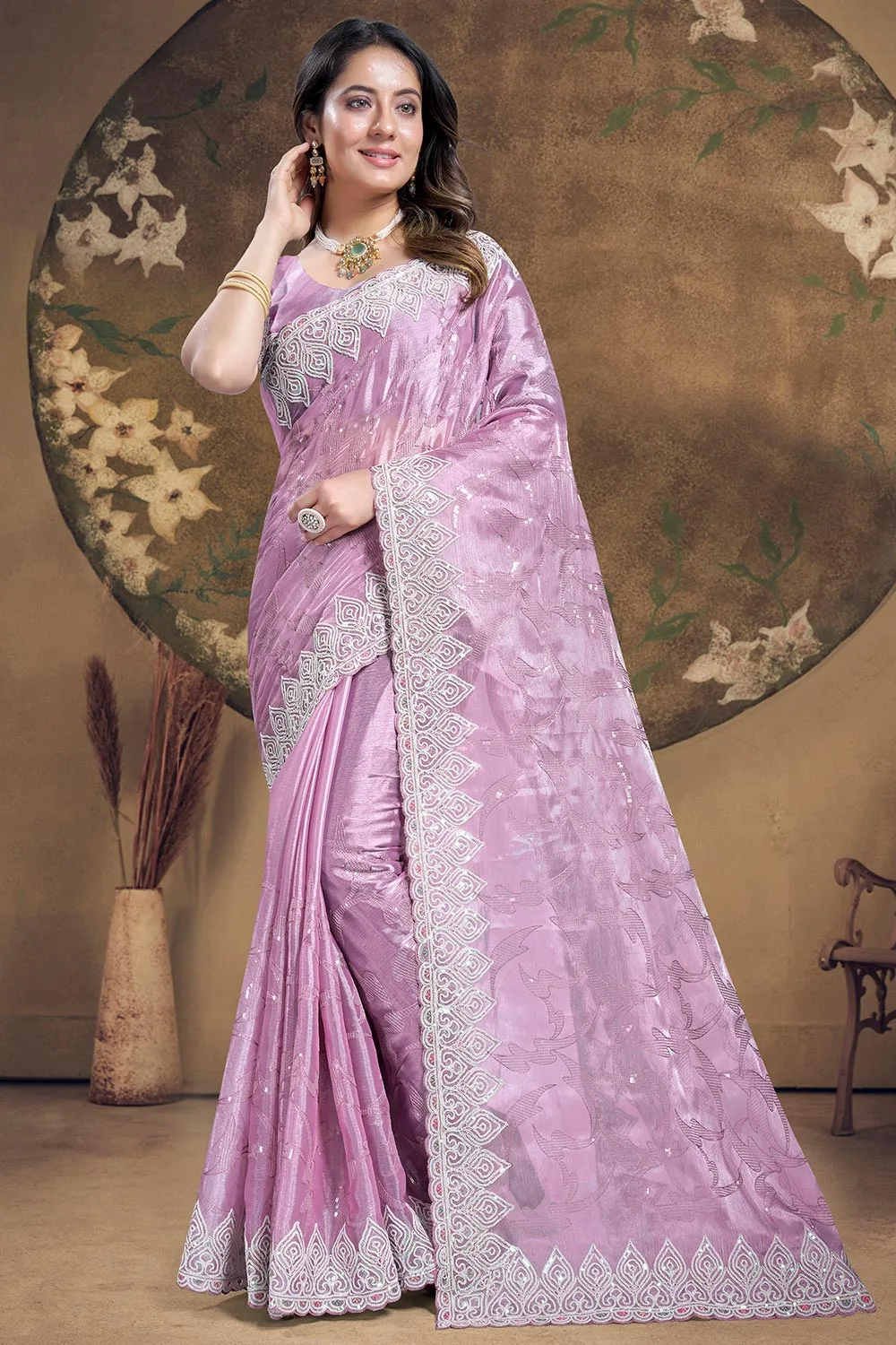 Lavender Silk Saree: Heavy Sequence Embroidered Work with Matching Blouse
