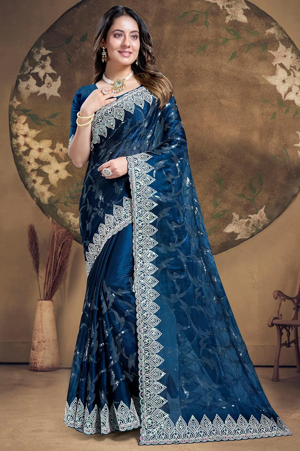 Morpeach Silk Saree: Heavy Sequence Embroidered Work with Matching Blouse