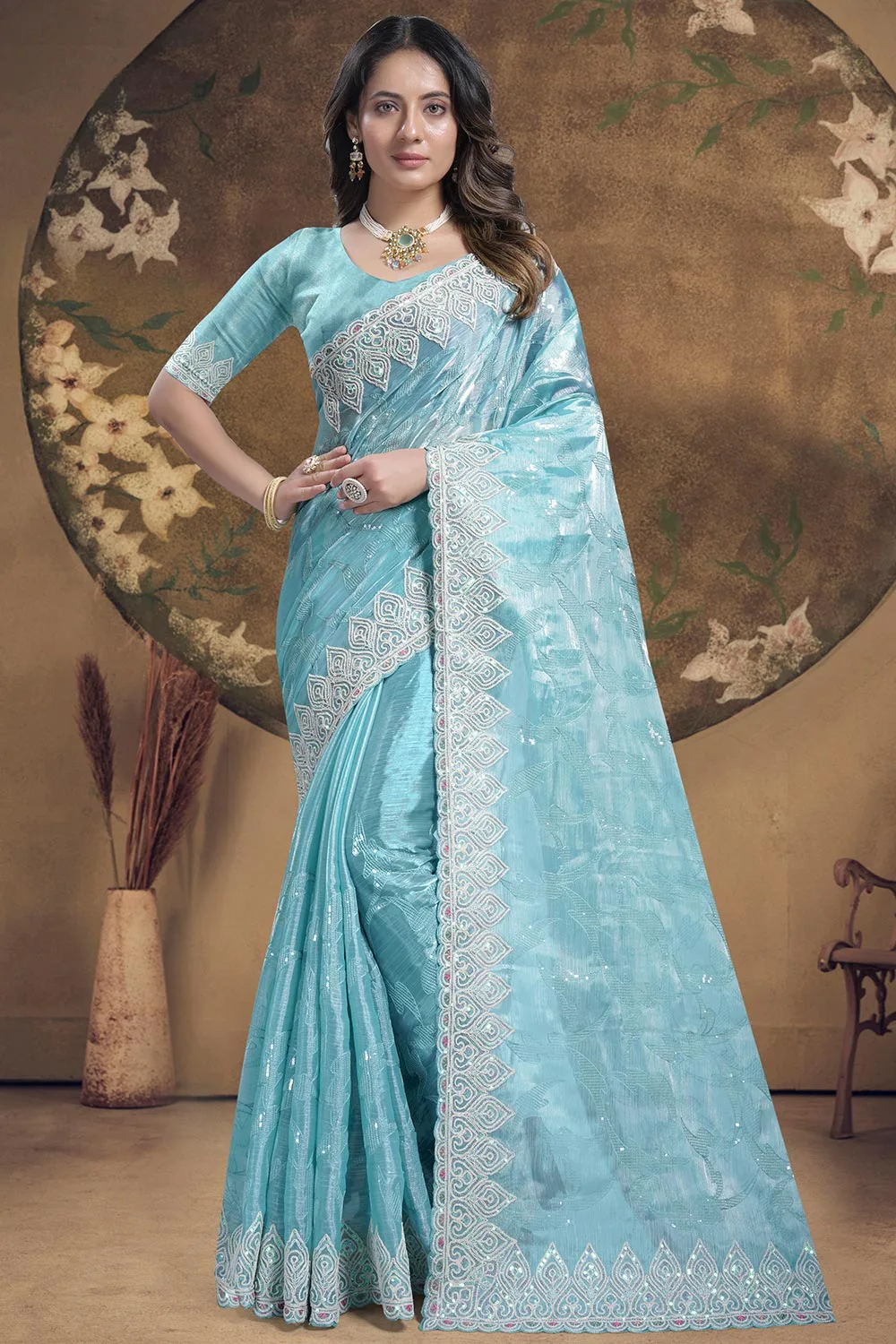 Sky Blue Silk Saree: Heavy Sequence Embroidered Work with Matching Blouse