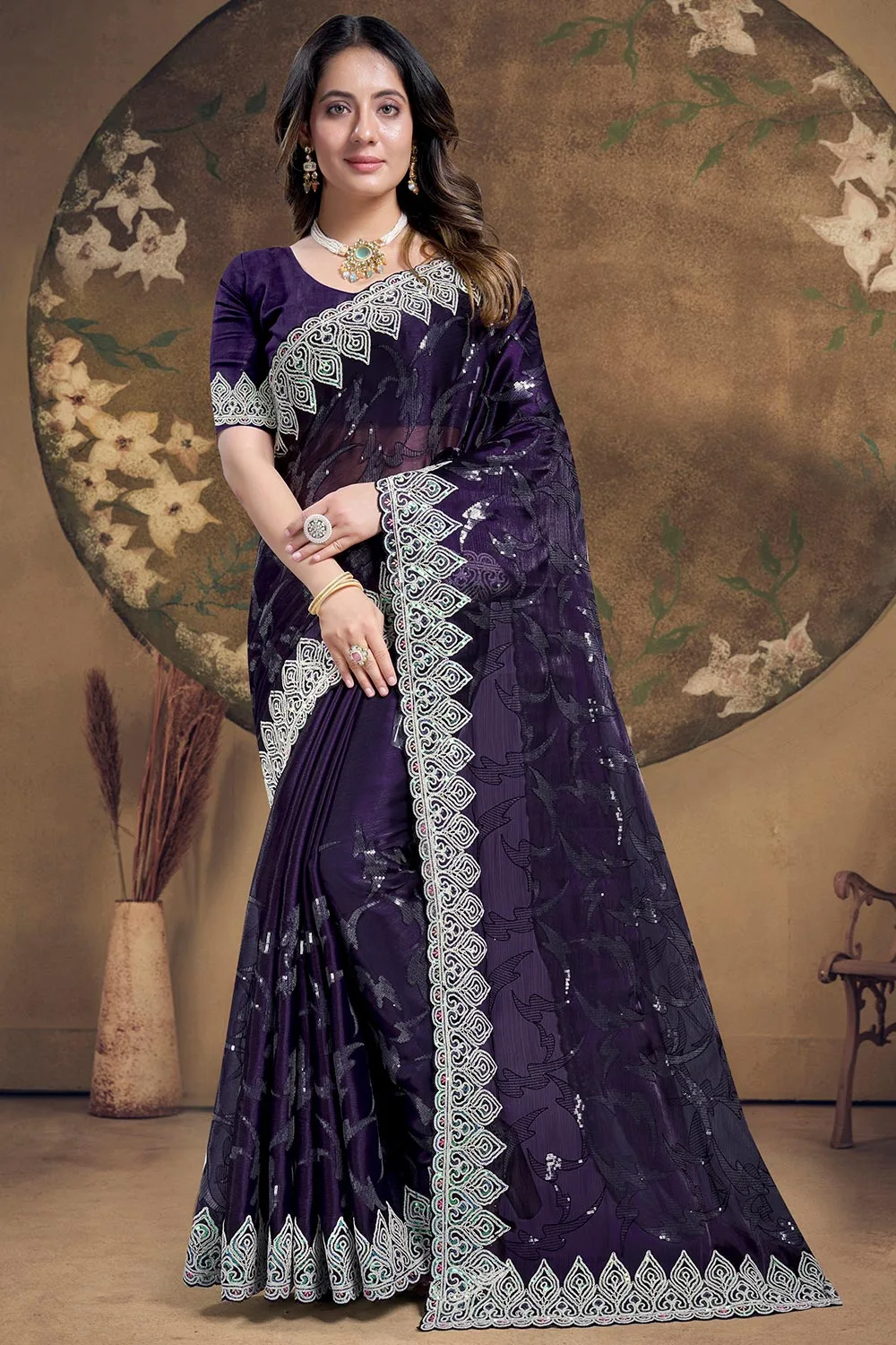 Purple Saree: Heavy Sequence Embroidered Work with Matching Blouse