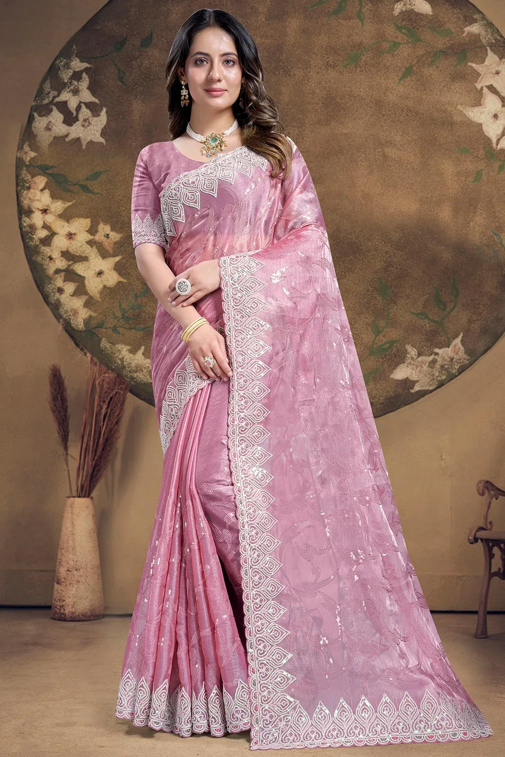 Pink Saree: Heavy Sequence Embroidered Work with Matching Blouse