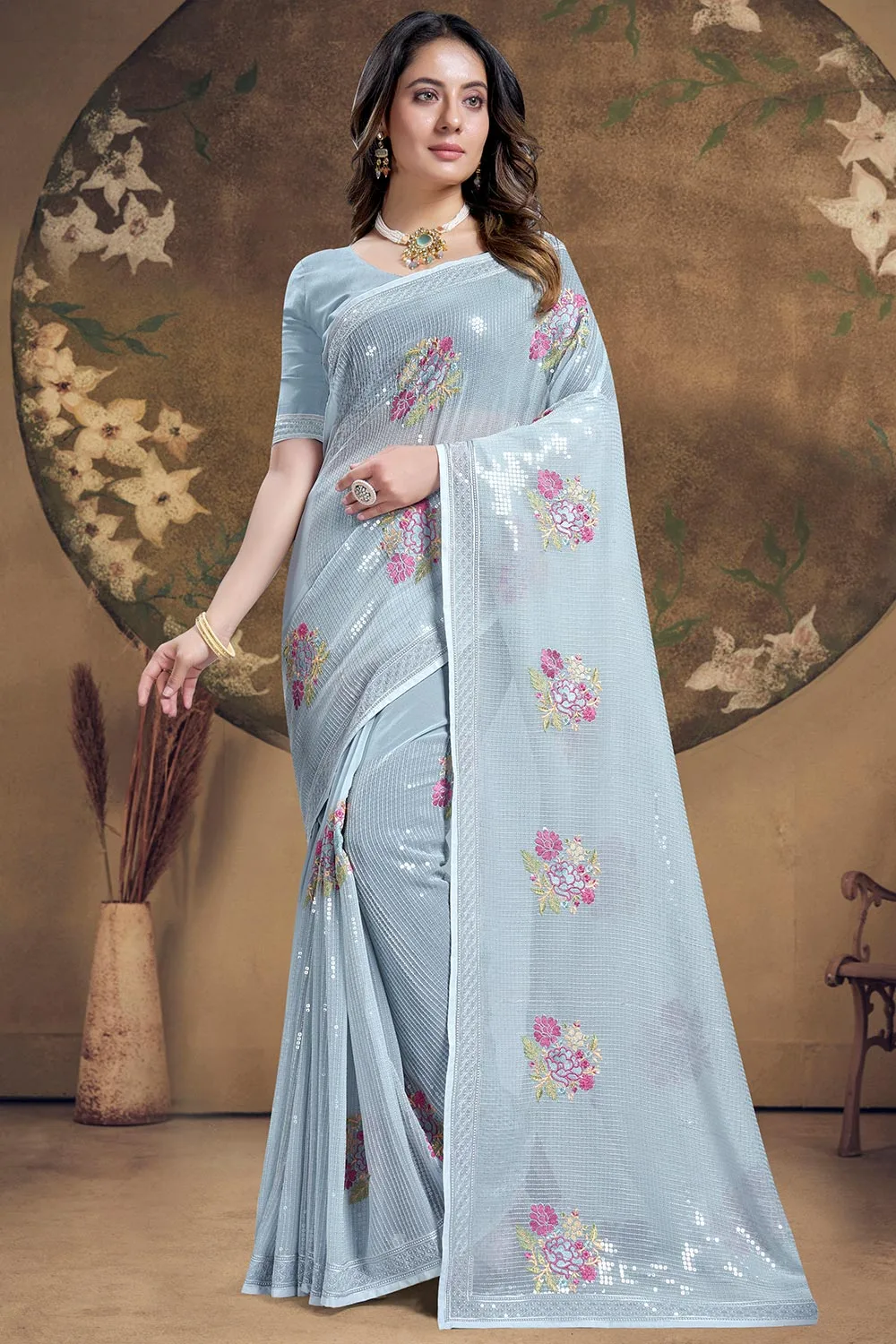 Grey Saree: Heavy Resham Buta with Sequence embroidered work with Heavy Work Blouse