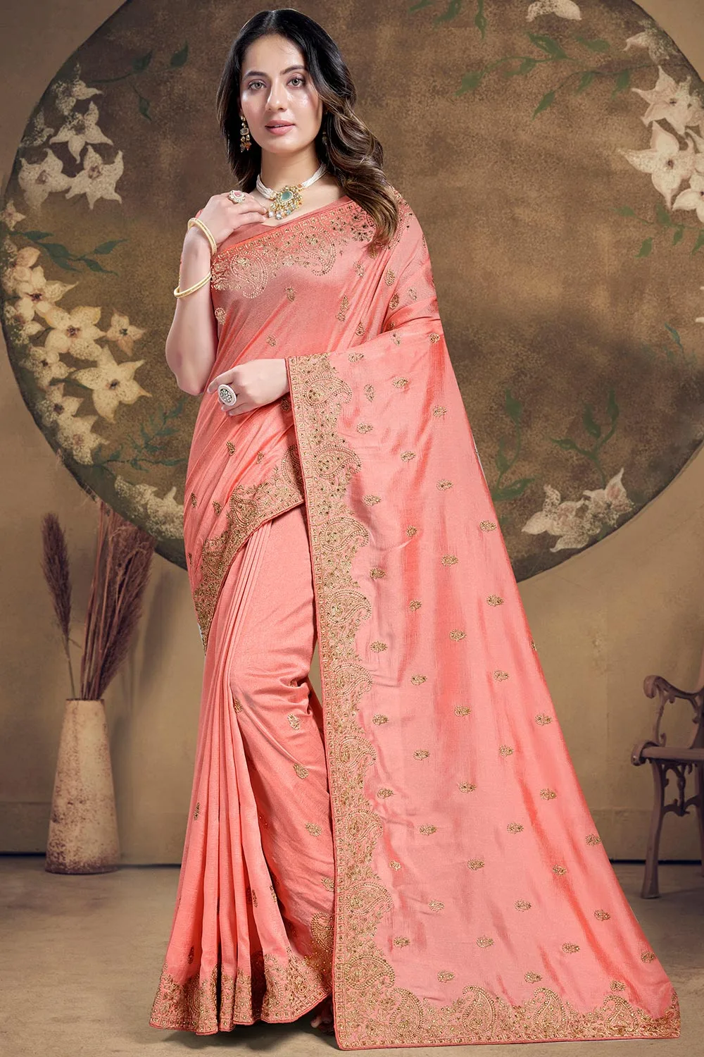 Peach Saree: Heavy Sequence Embroidered Work with Matching Blouse