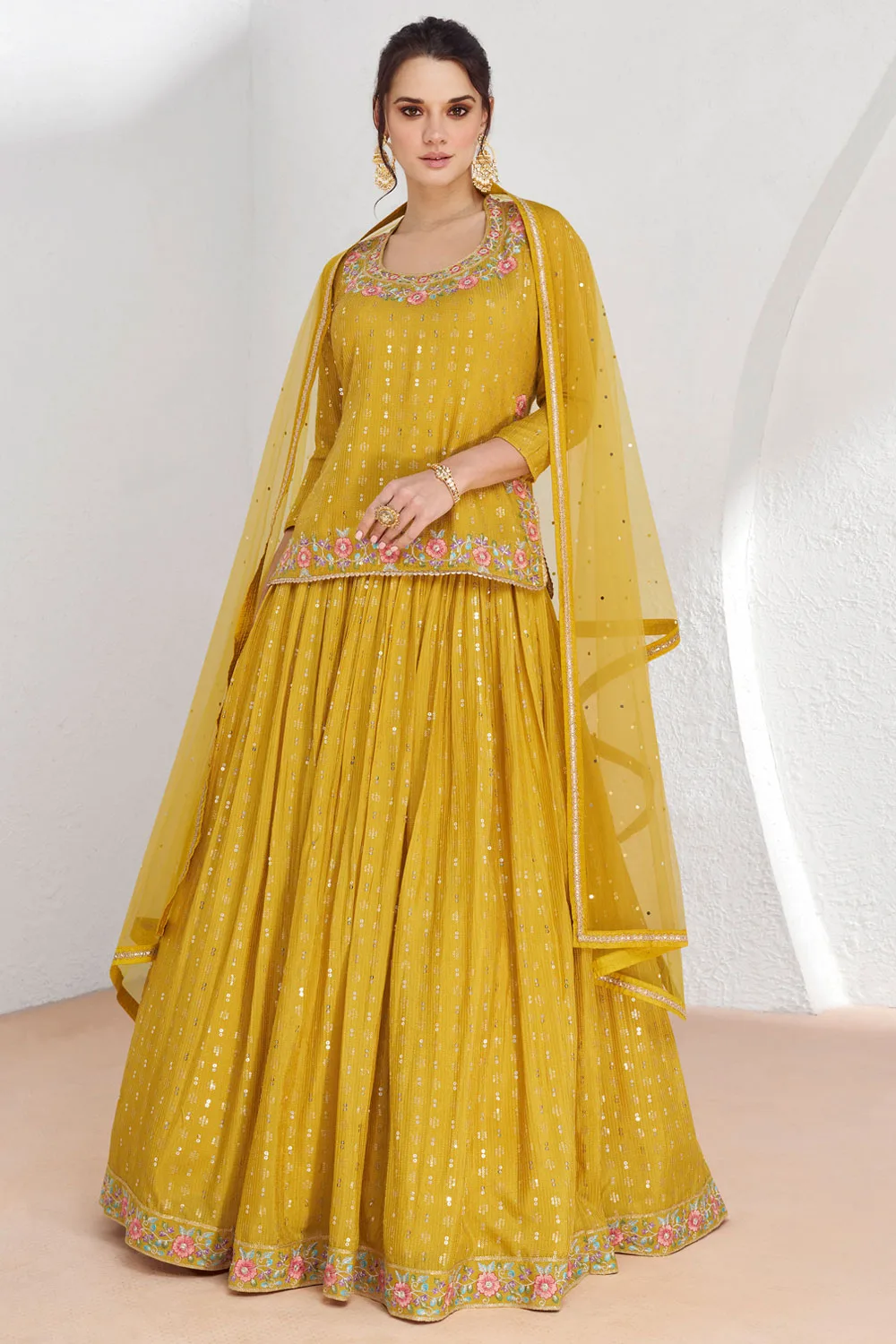 Show-Stopping Yellow Georgette Indo-Western Dress with Net Dupatta & Lace