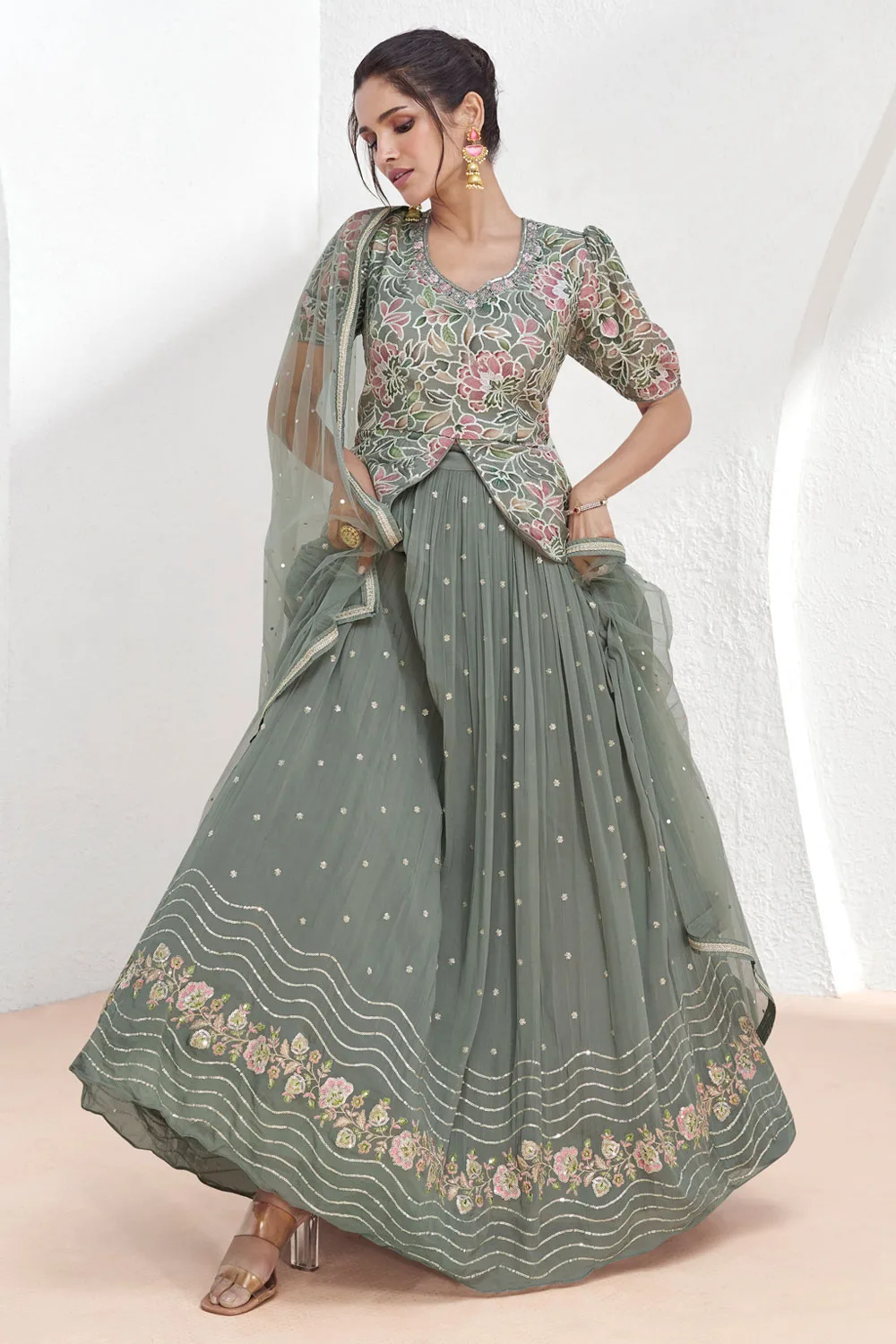 Grey Real Georgette Indo-Western Dress with Pink Accents & Net Dupatta