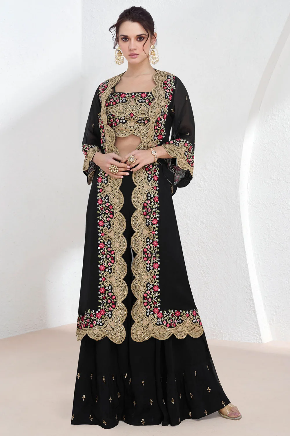 Black Georgette Indo-Western Dress with Pink Accents & Net Dupatta