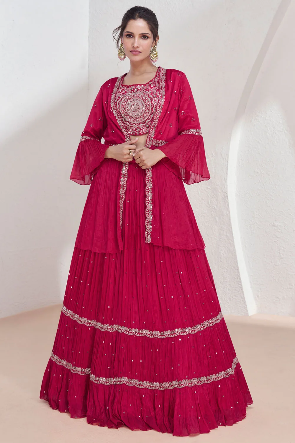 Blush Pink Real Georgette Indo-Western Jacket Dress with Net Dupatta & Lace