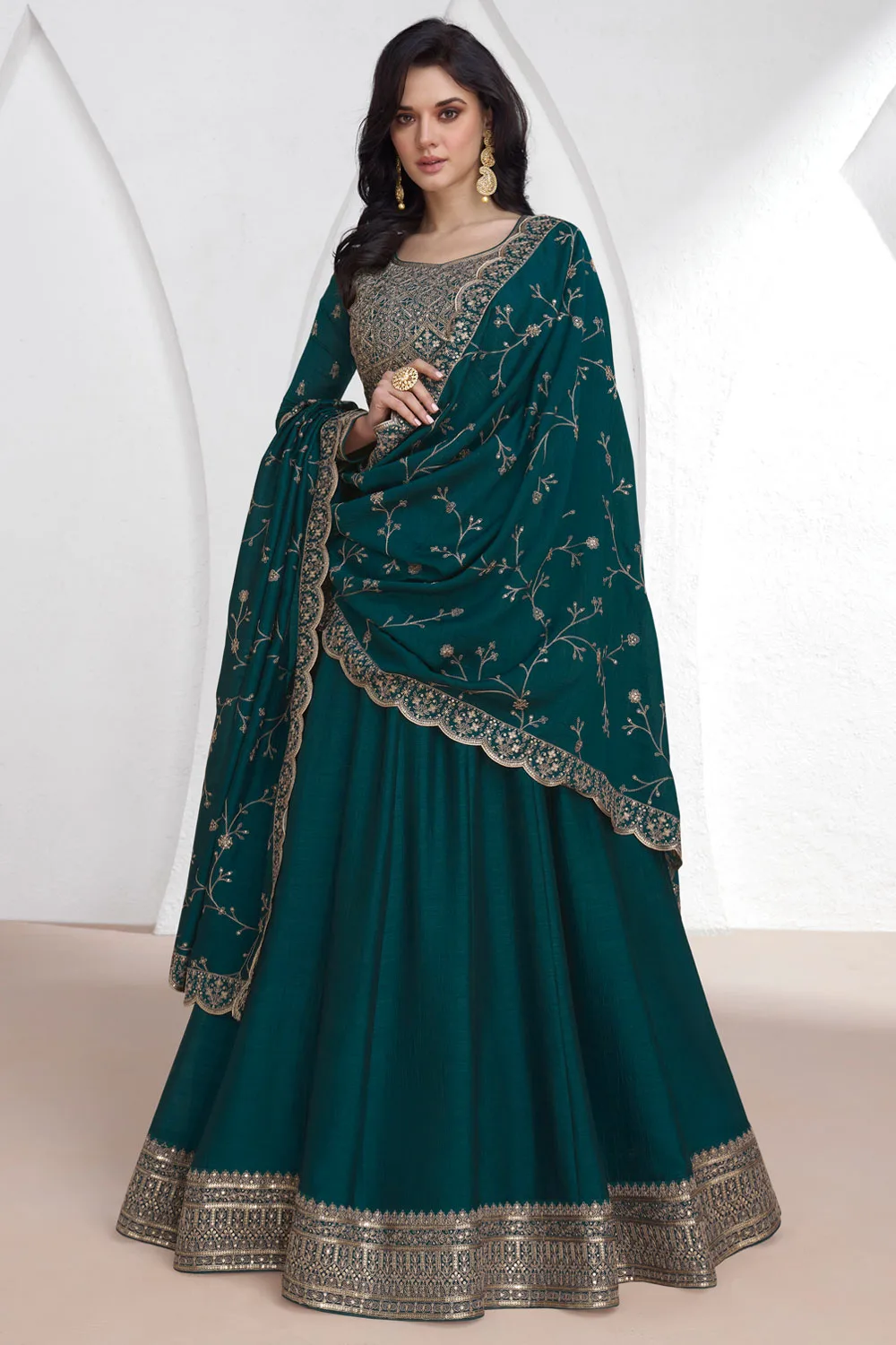 Teal Premium Silk Partywear Gown with Matching Dupatta