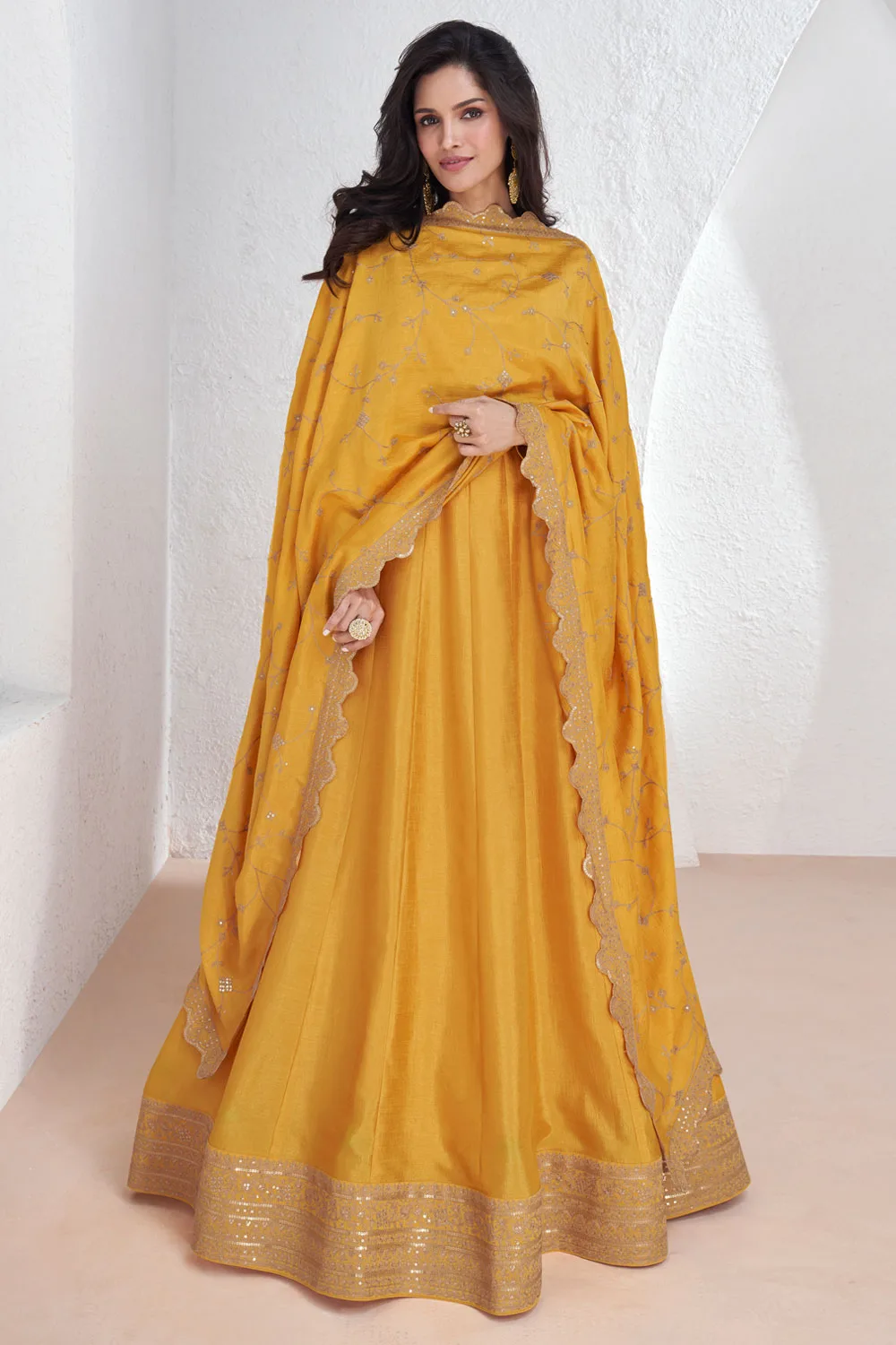 Yellow Premium Silk Indo-Western Gown with Matching Dupatta