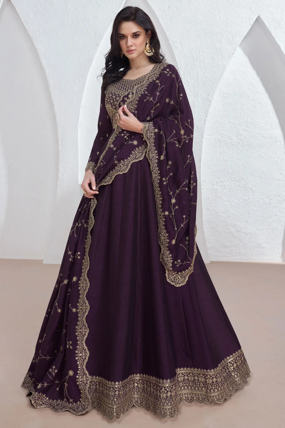 Plum Premium Silk Indo-Western Gown with Matching Dupatta