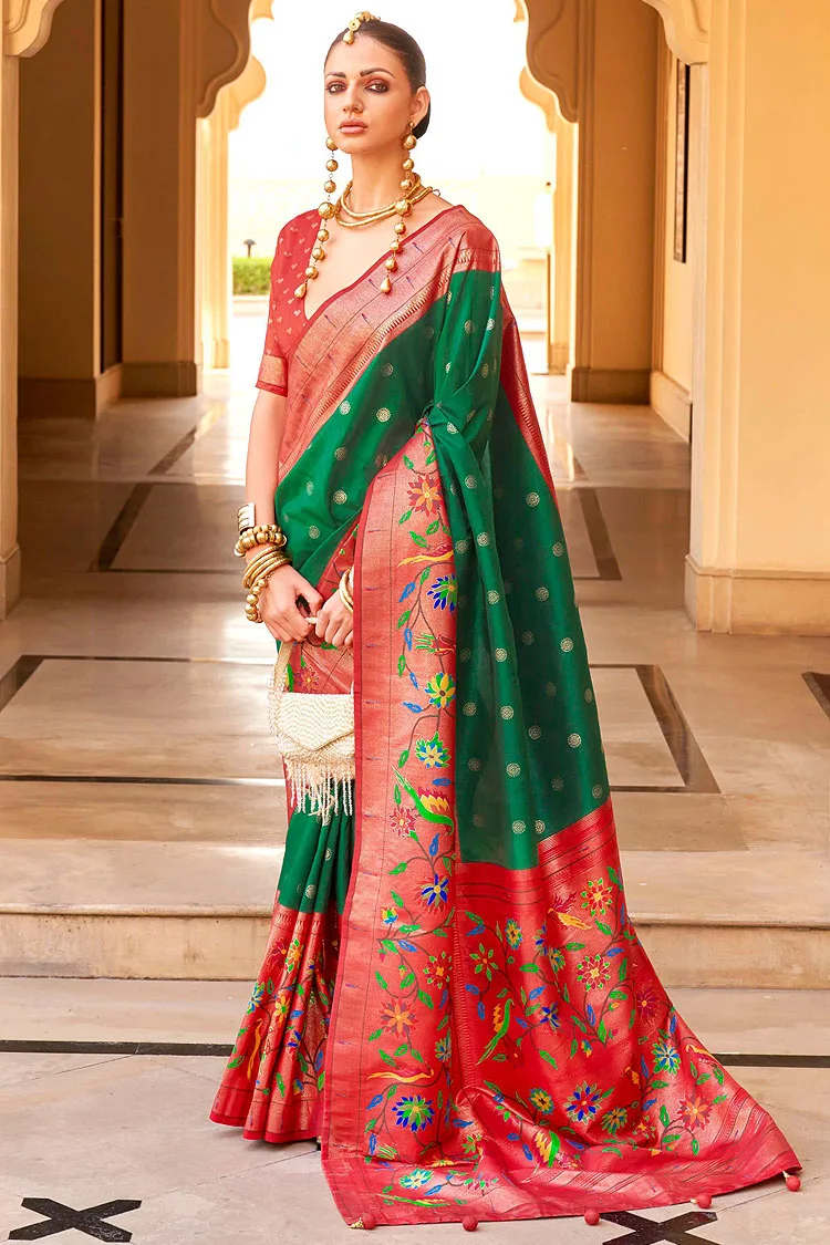 Beautiful Super Patola Silk Saree in Orange and Green with Paithani Design and Apoxy Finish