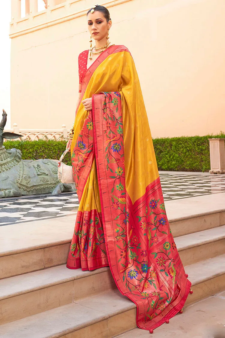 Festive Super Patola Silk Saree in Orange and Yellow with Paithani Design and Apoxy Finish