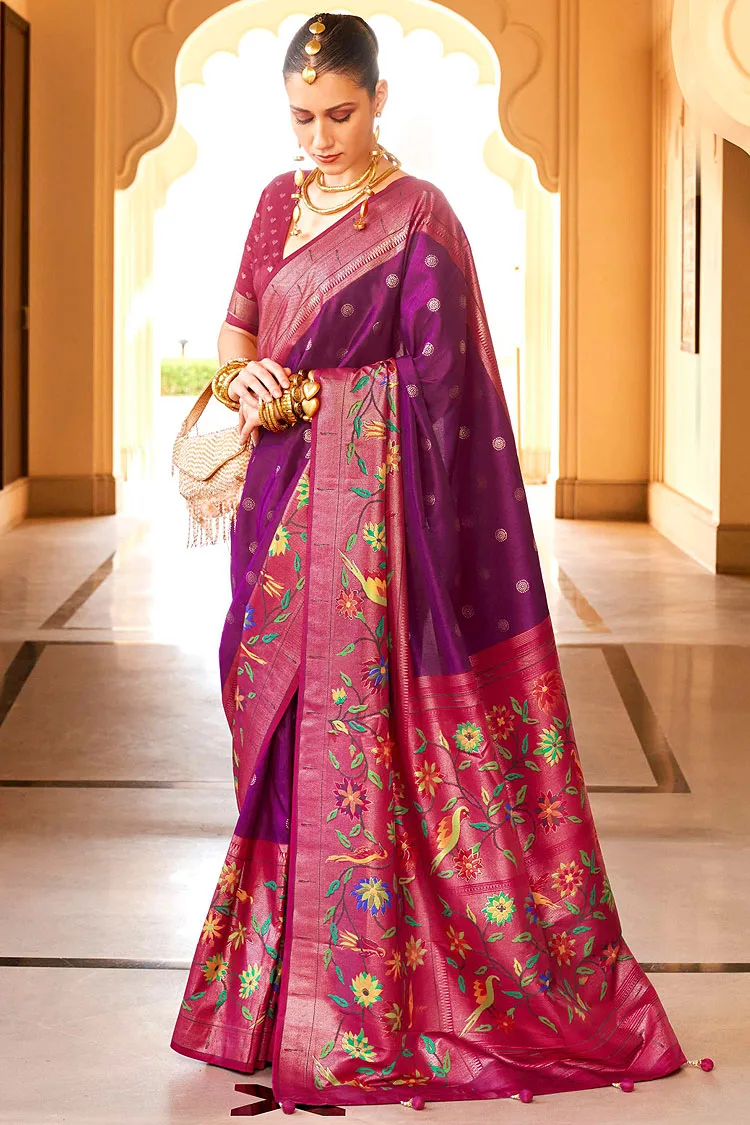 Beautiful Super Patola Silk Saree in Purple with Paithani Design and Apoxy Finish