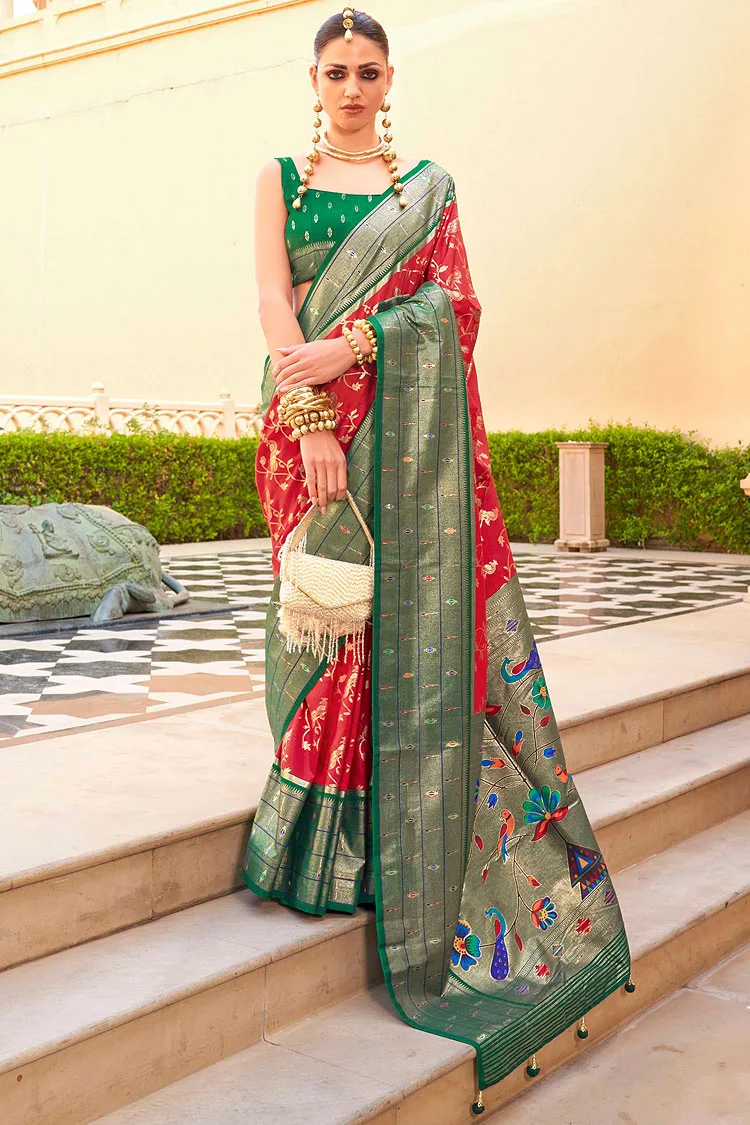 Beautiful Super Patola Silk Saree in Orange and Dusty Green with Paithani Design and Apoxy Finish