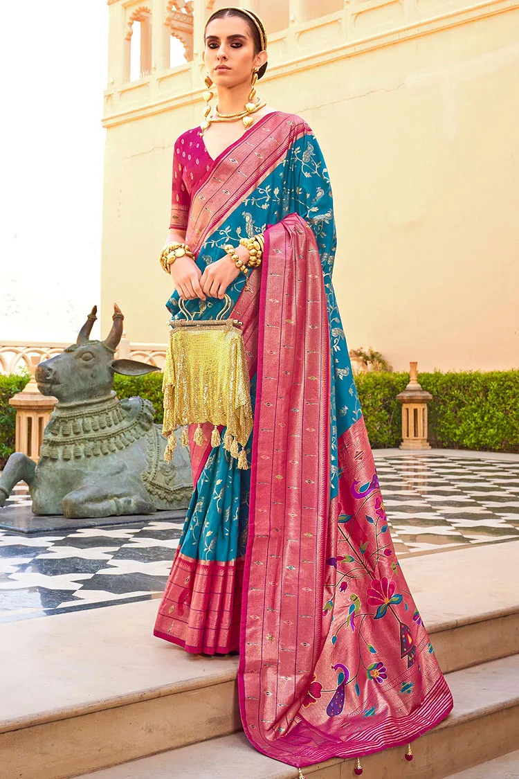 Festive Super Patola Silk Saree in Pink and Turquoise with Paithani Design and Apoxy Finish