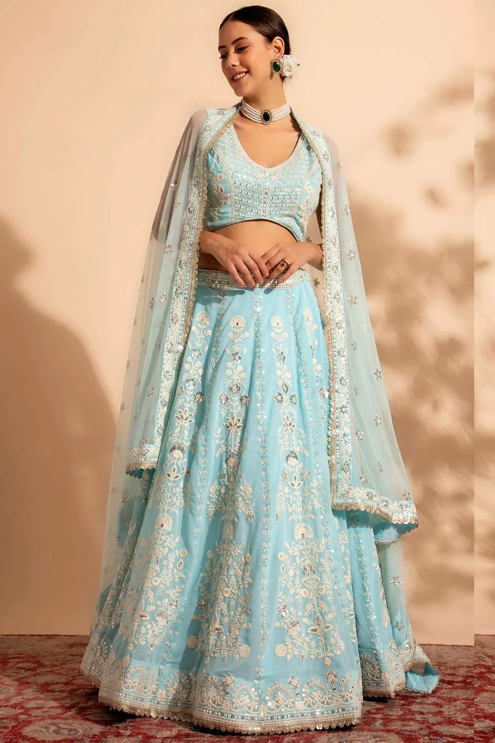 Dusty Blue Georgette Wedding Lehenga Set: Premium Thread & Sequin Embellishments