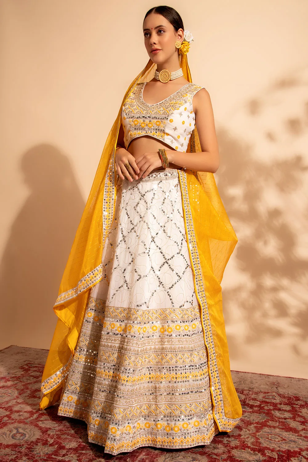 Yellow Georgette Lehenga Set: Premium Thread & Sequin Embellishments Perfect for Mehendi Celebration
