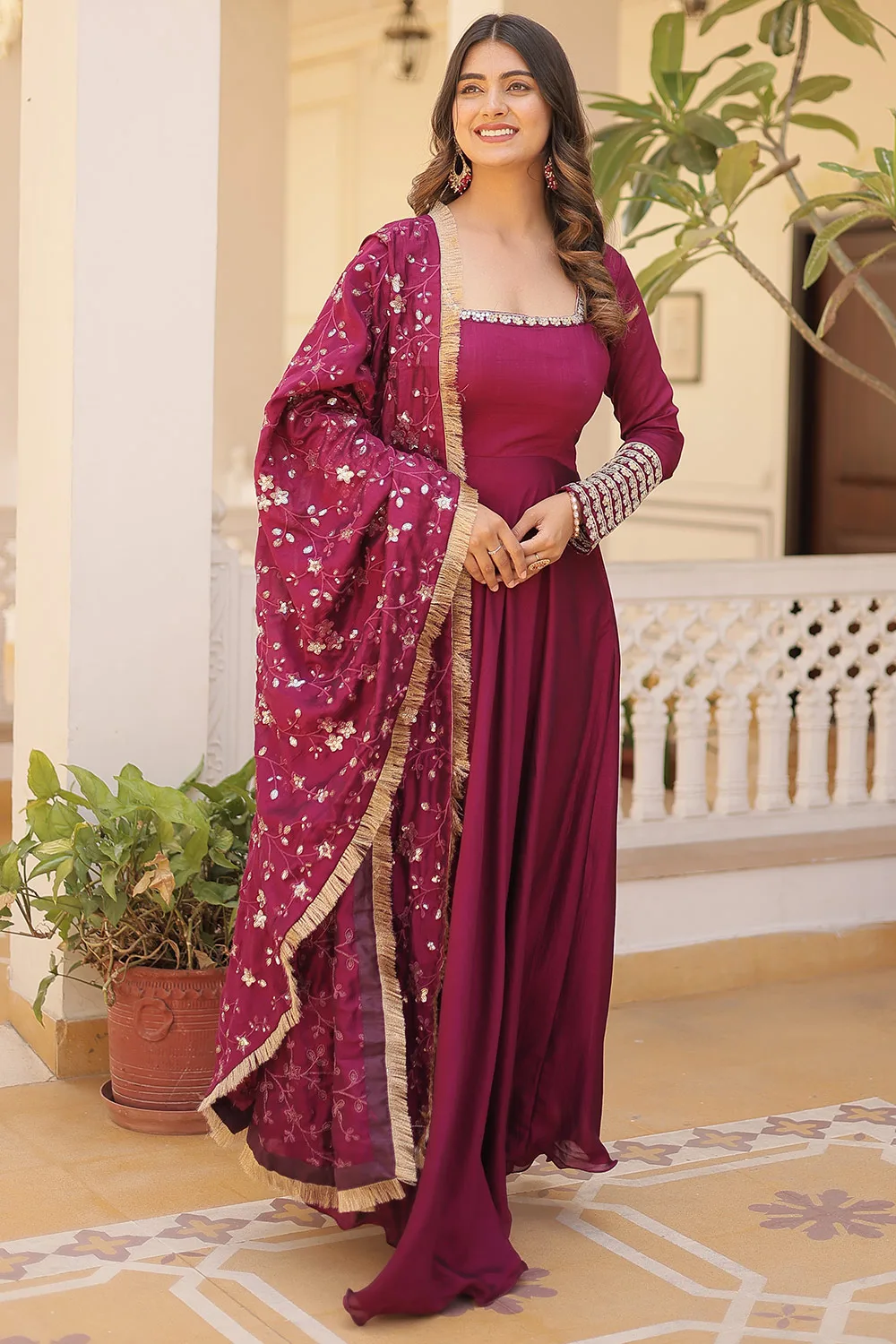 Magenta Vichitra Silk Gown with Embroidery Zari Sequins Work