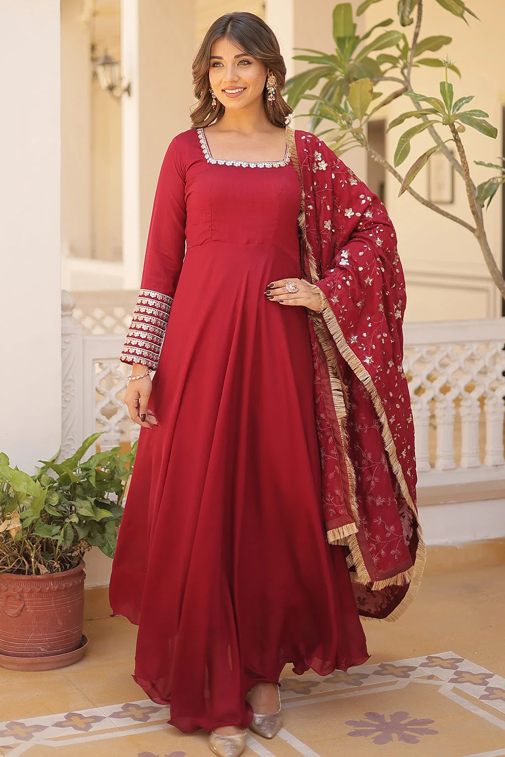 Maroon Vichitra Silk Gown with Embroidery Zari Sequins Work