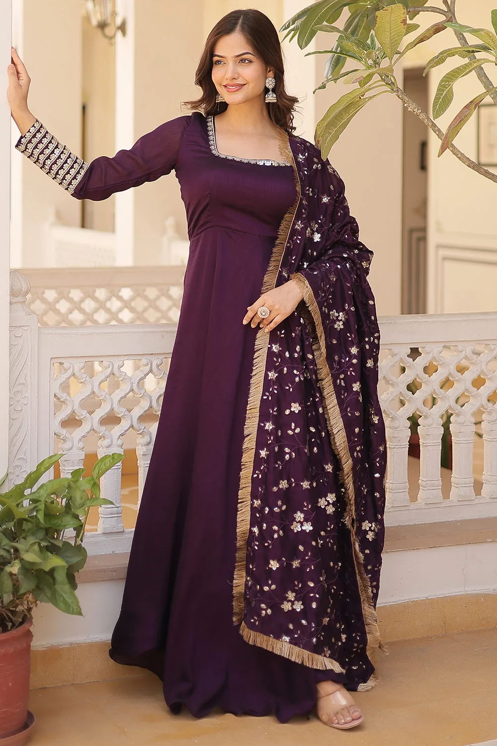 Purple Vichitra Silk Gown with Embroidery Zari Sequins Work