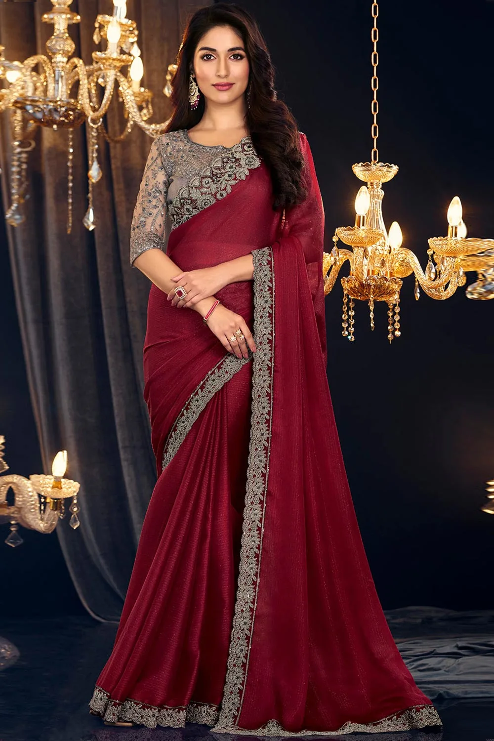 Ravishing Red Zari Shimmer Georgette Saree with Embroidered Blouse: Bold Elegance