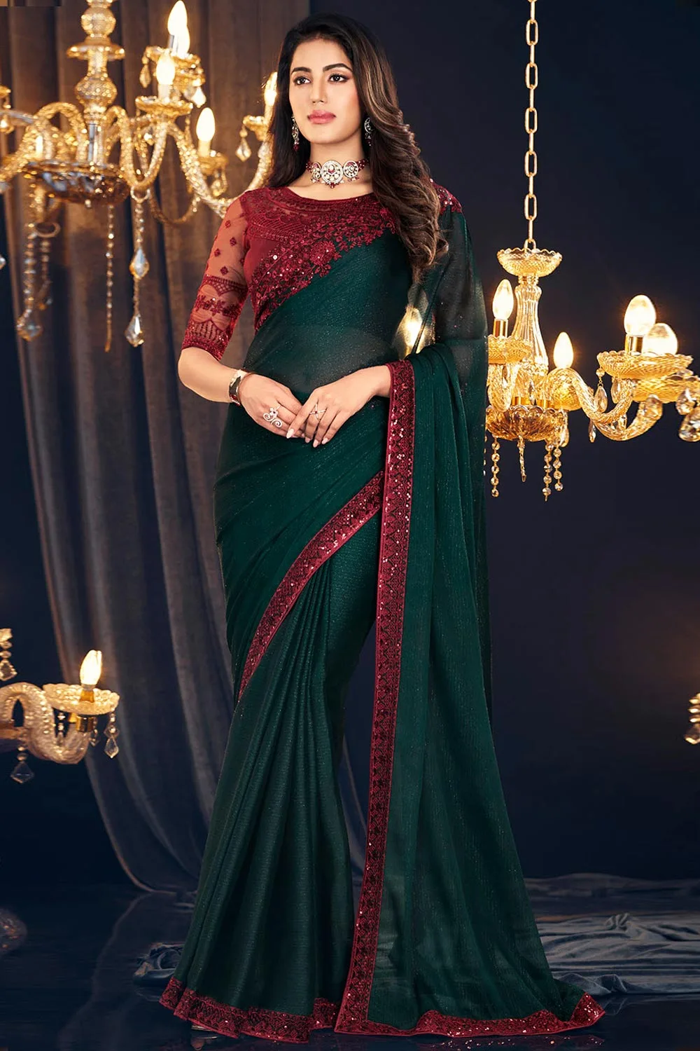 Green Georgette Zari Shimmer Saree with Embroidered Blouse: Elegance Personified
