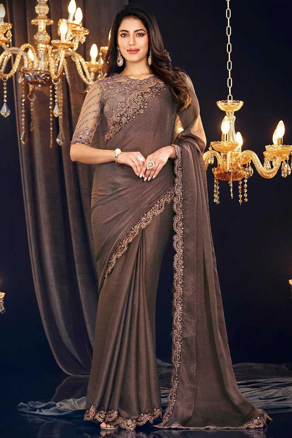 Exquisite Brown Zari Shimmer Georgette Saree with Embroidered Blouse: Earthy Elegance