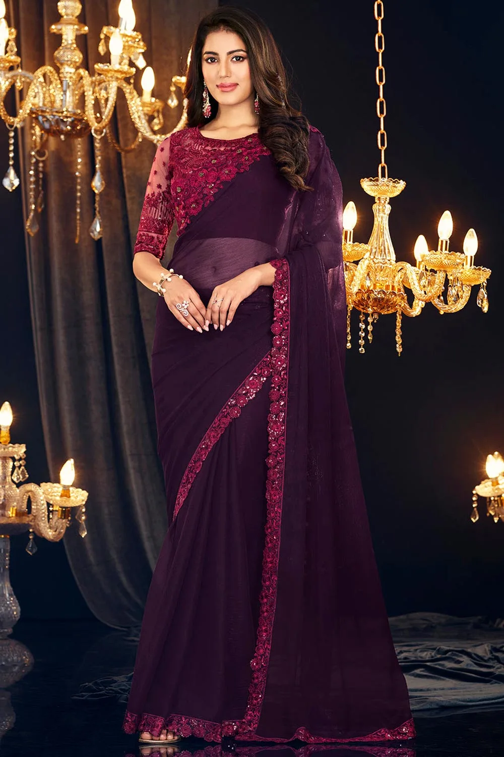 Regal Dark Purple Zari Shimmer Georgette Saree with Embroidered Blouse: Luxurious Elegance