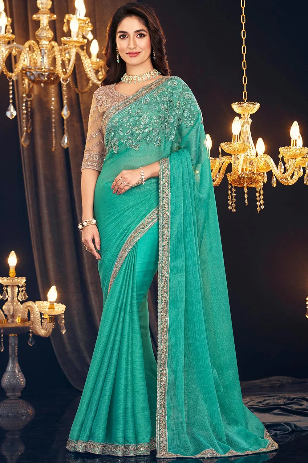 Turquoise Zari Shimmer Georgette Saree with Embroidered Blouse: Radiant Elegance