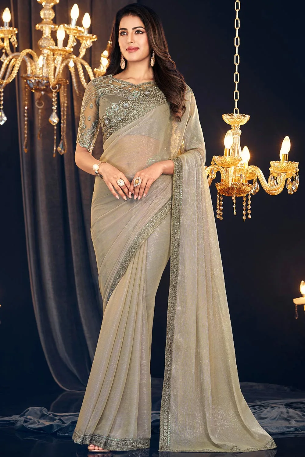 Elegant Beige Zari Shimmer Georgette Saree with Embroidered Blouse: Timeless Sophistication
