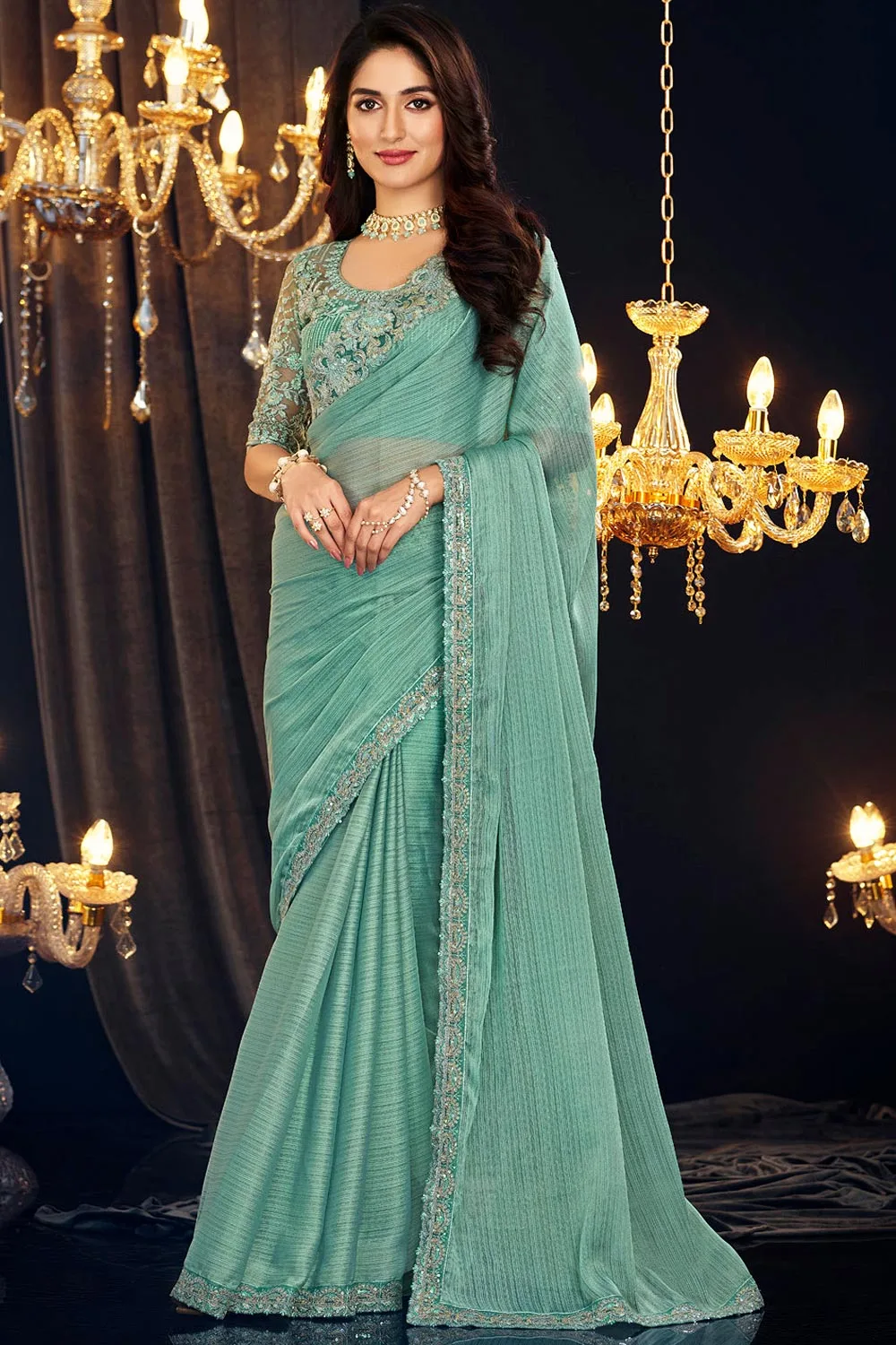 Dazzling Dusty Green Zari Shimmer Georgette Saree with Embroidered Blouse: Sublime Sophistication