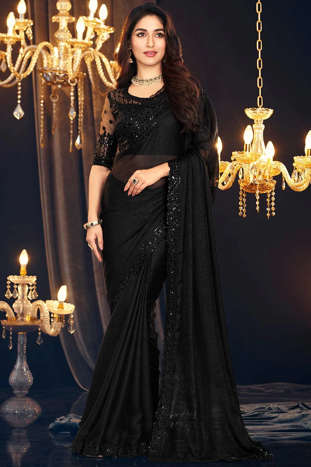 Chic Black Zari Shimmer Georgette Saree with Embroidered Blouse: Timeless Elegance