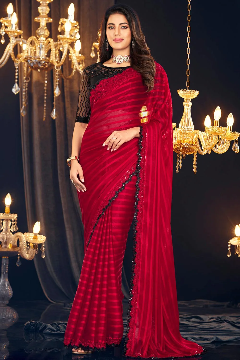 Ravishing Red Zari Shimmer Georgette Saree with Embroidered Blouse: Bold Elegance
