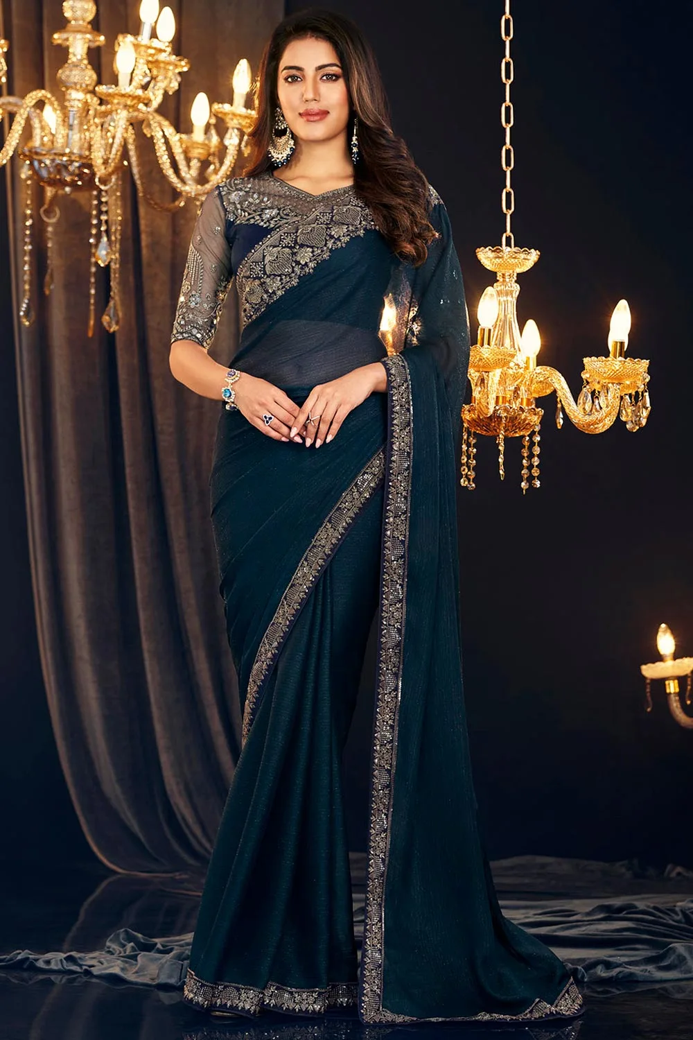 Royal Blue Zari Shimmer Georgette Saree with Embroidered Blouse: Timeless Grace