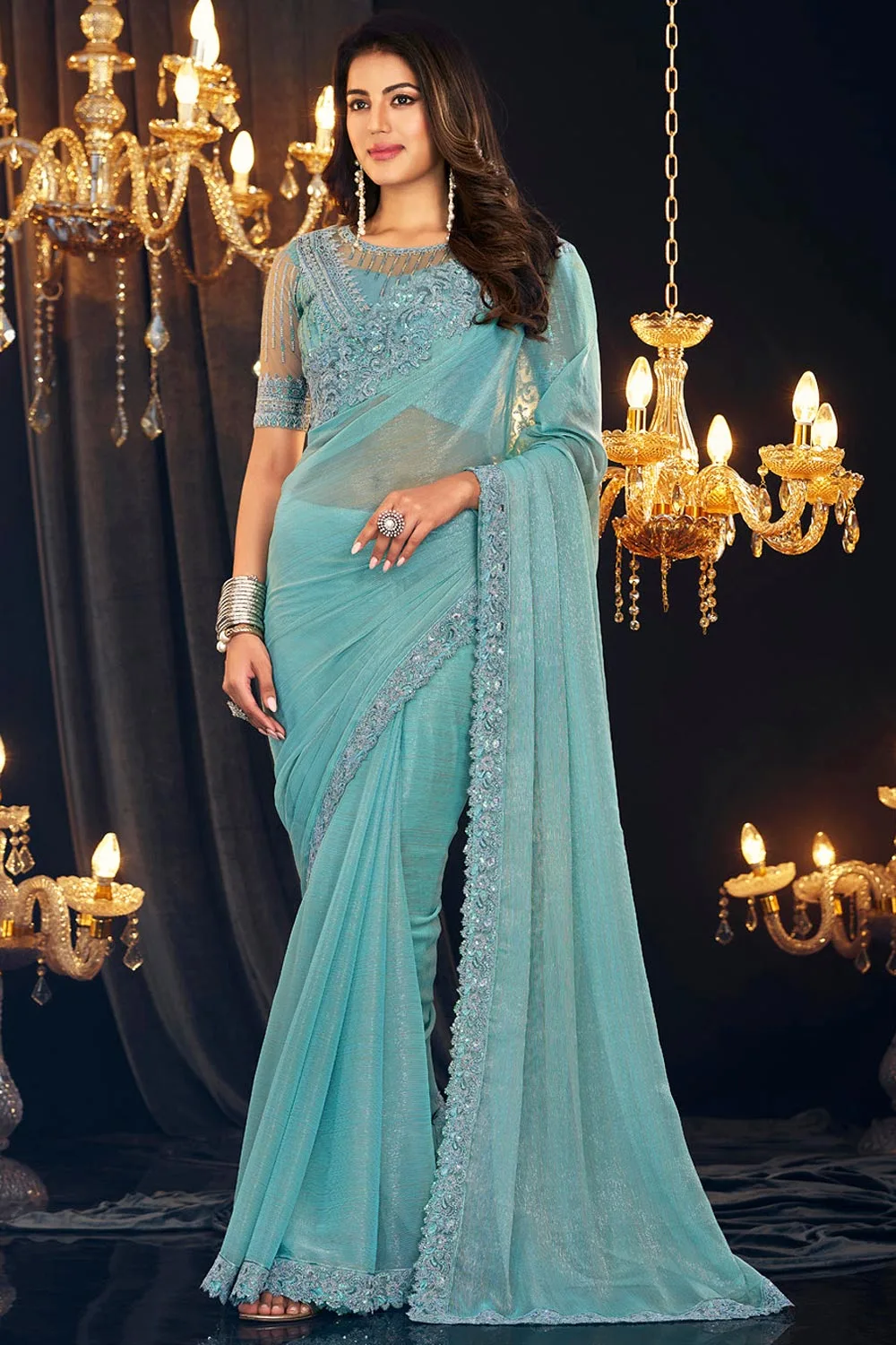 Elegant Aqua Blue Zari Shimmer Georgette Saree with Embroidered Blouse: Oceanic Opulence