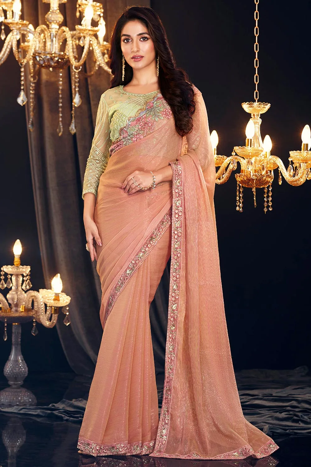 Enchanting Peach Zari Shimmer Georgette Saree with Embroidered Blouse: Delicate Sophistication