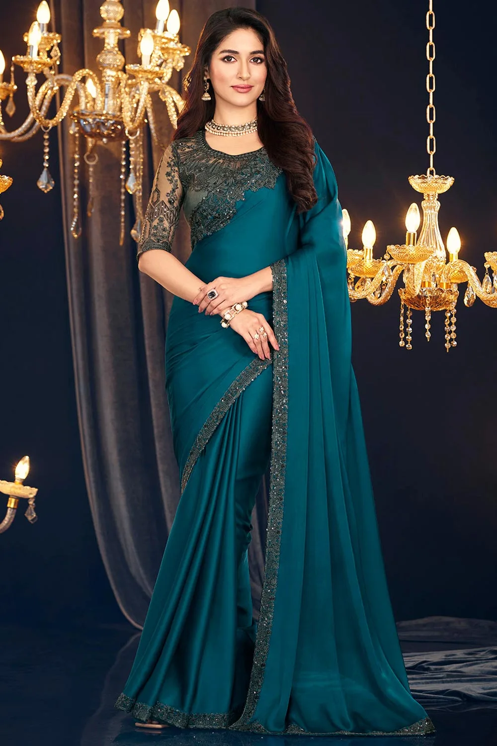 Navy Blue Zari Shimmer Georgette Saree with Embroidered Blouse: Timeless Elegance