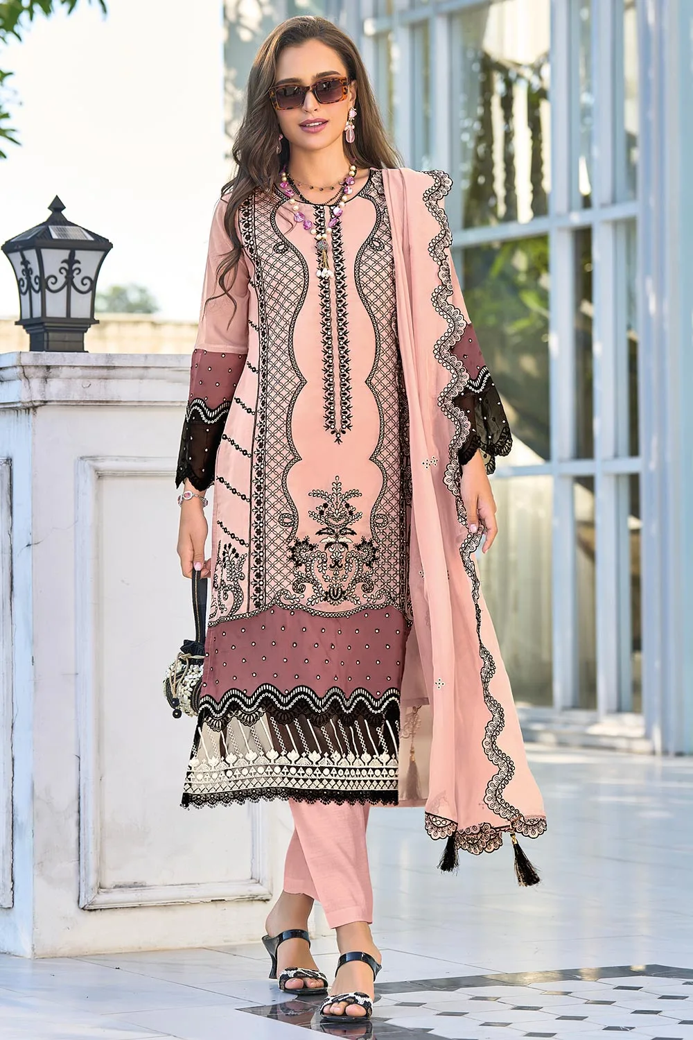 Fancy Embroidered Dusty Pink Organza Salwar Suit with Heavy Silk Bottom and Organza Dupatta