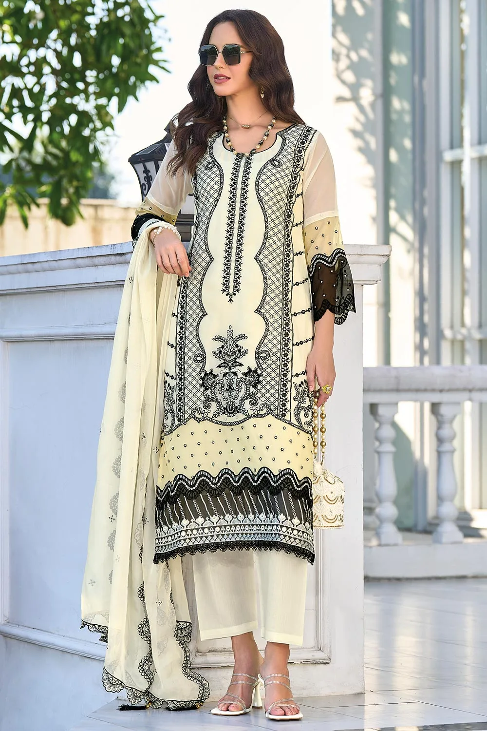 Fancy Embroidered Cream Organza Salwar Suit with Heavy Silk Bottom and Organza Dupatta