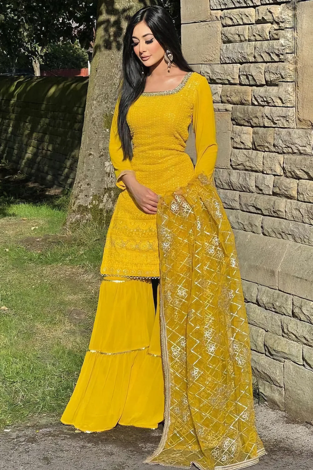 Yellow Faux Georgette Sharara Suit with Sky Blue Embroidery