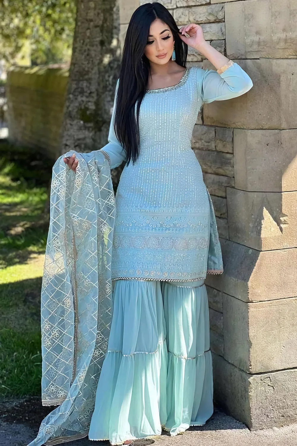Sky Blue Faux Georgette Sharara Suit with Intricate Embroidery