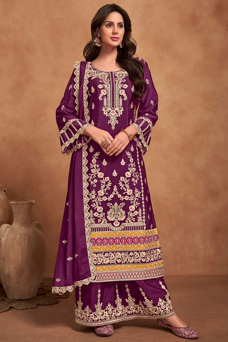 Purple Premium Chinon Palazzo Suit with Heavy Embroidery Work