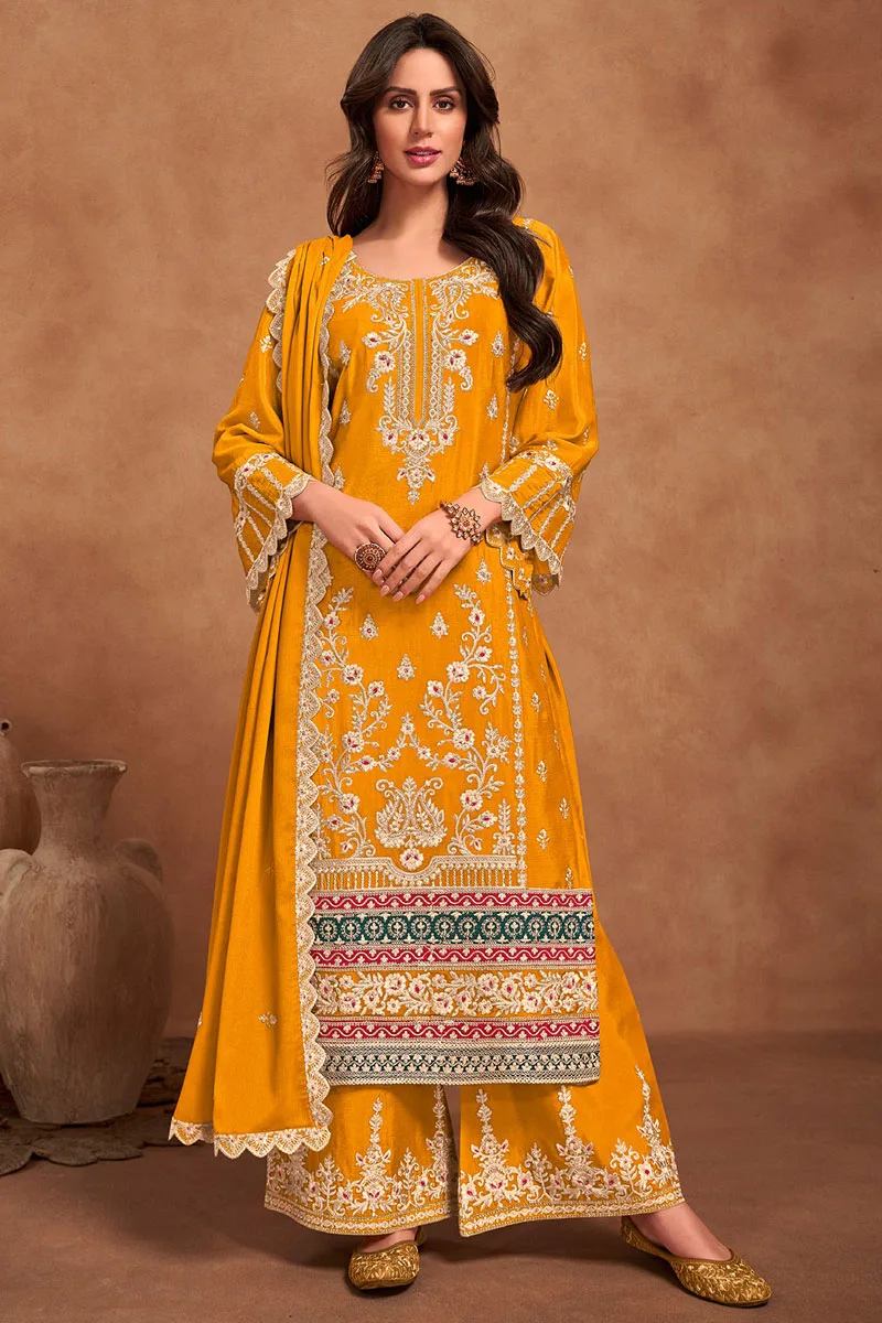 Vibrant Yellow Mehendi Function Palazzo Suit with Intricate Embroidery