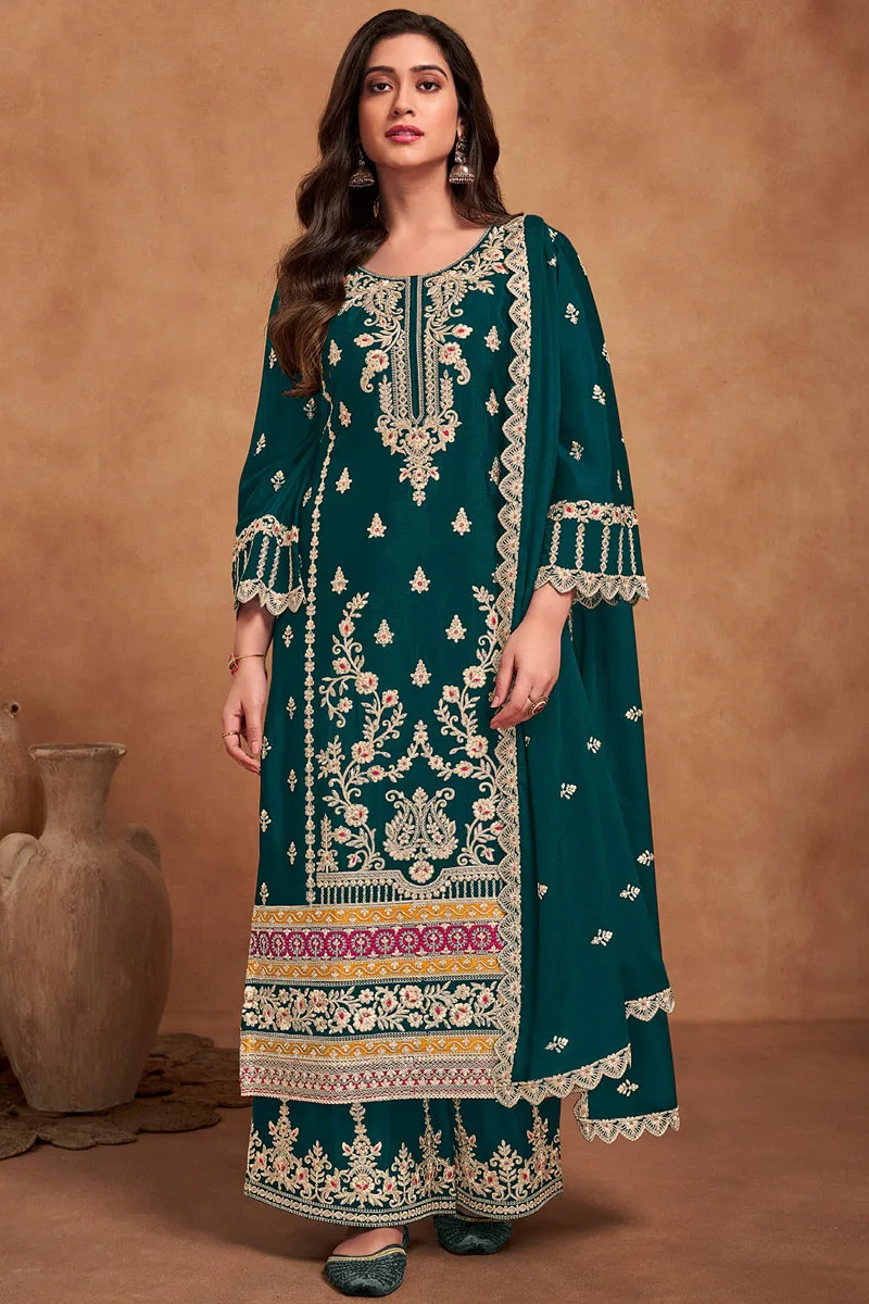Teal Premium Chinon Palazzo Suit with Heavy Embroidery Work