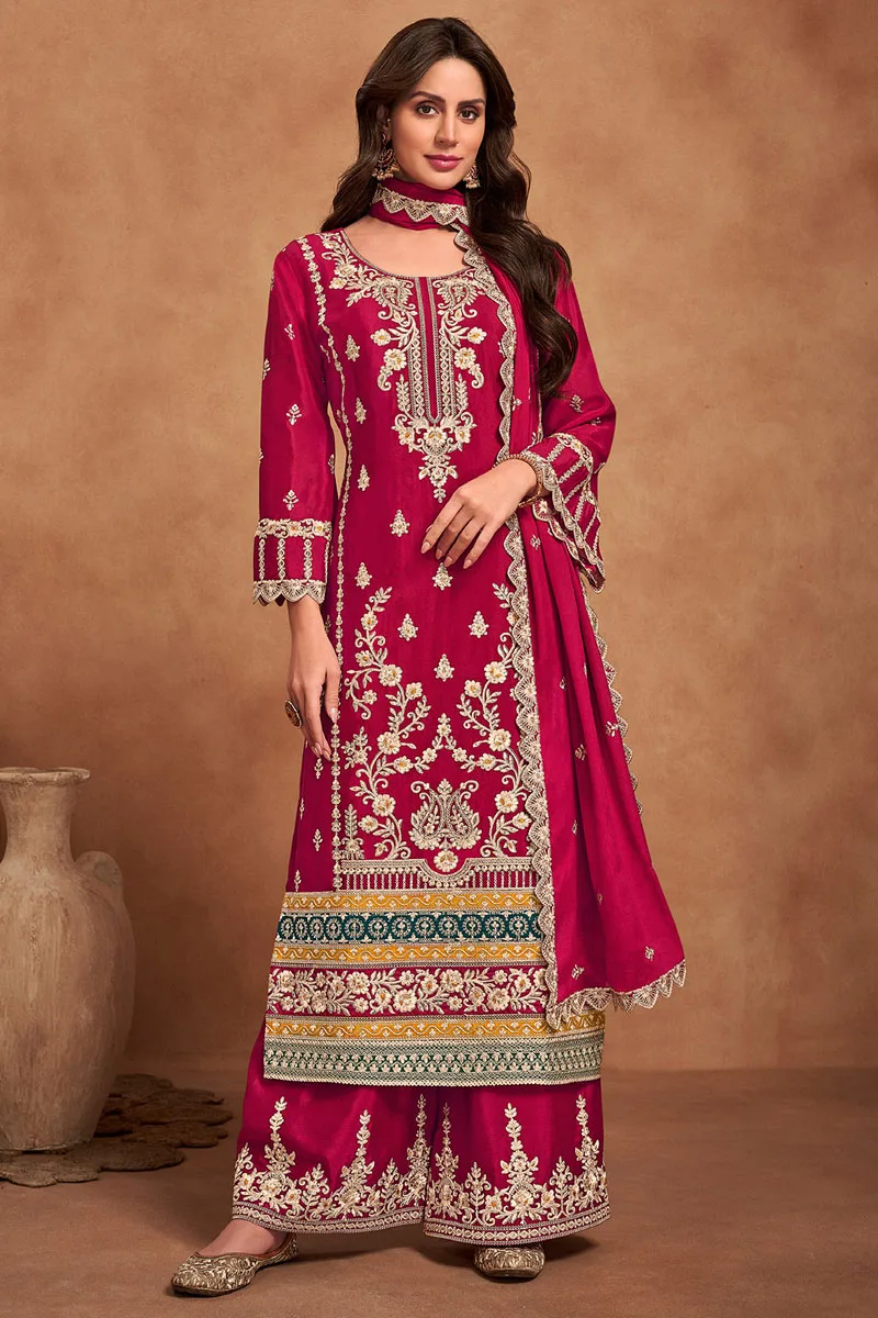 Dark Pink Premium Chinon Palazzo Suit with Heavy Embroidery Work