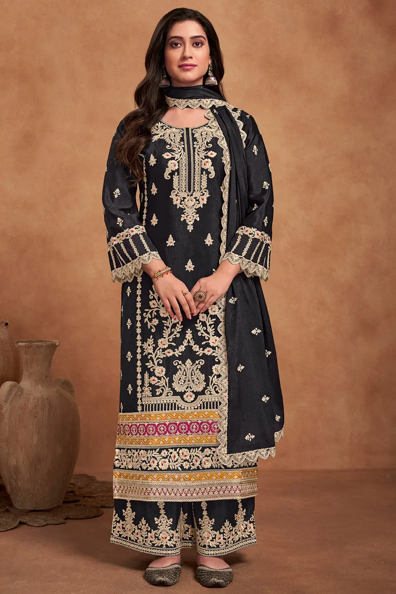 Black Premium Chinon Palazzo Suit with Heavy Embroidery Work